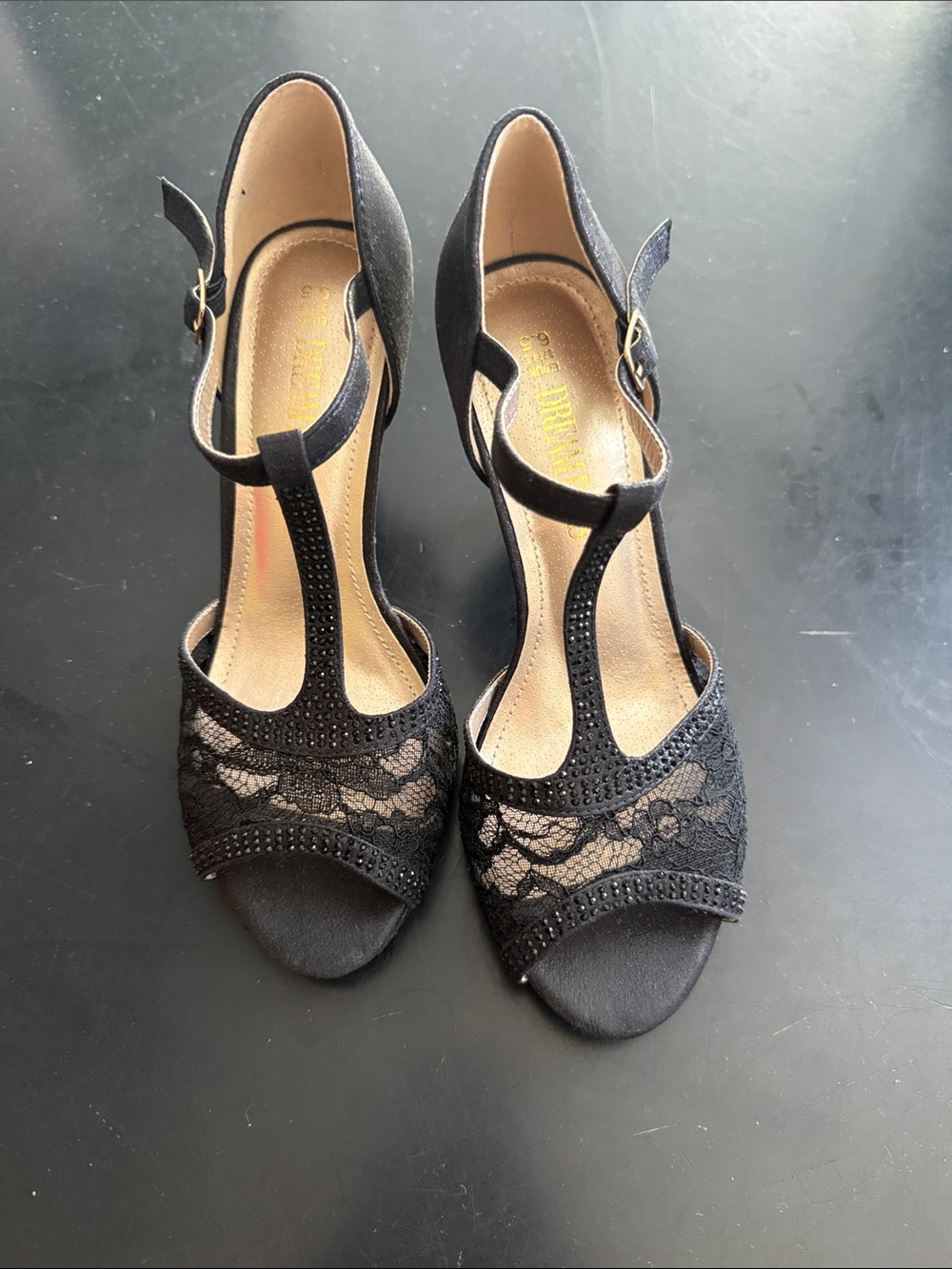 Dream Pairs Black Lace T-Strap Heels
